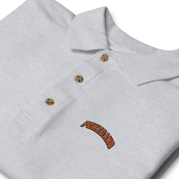 PokeGang Men's Gray Short Sleeve Button Up Yellow Logo Sport Polo Shirt Size S - Picture 2 of 2